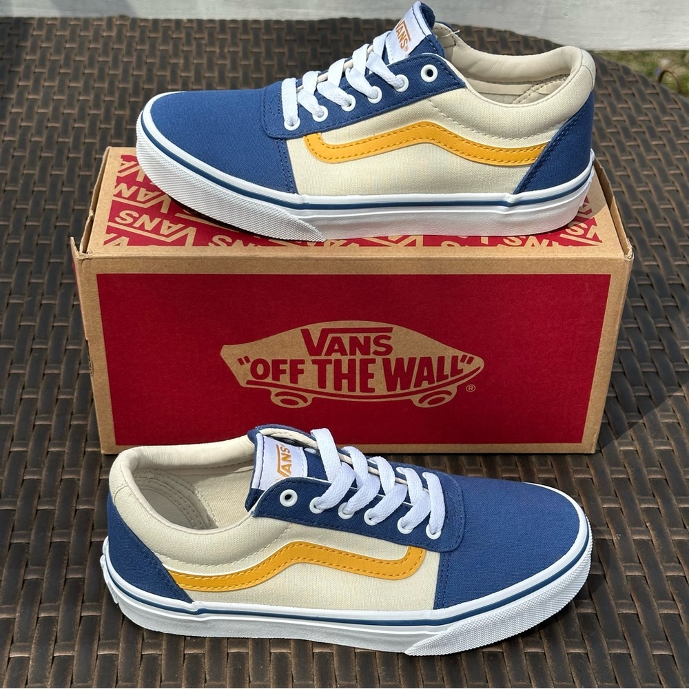 New Vans Kids' Ward Low top Lace up Sneakers, VARSITY BIJOU BLUE, Youth Preppy